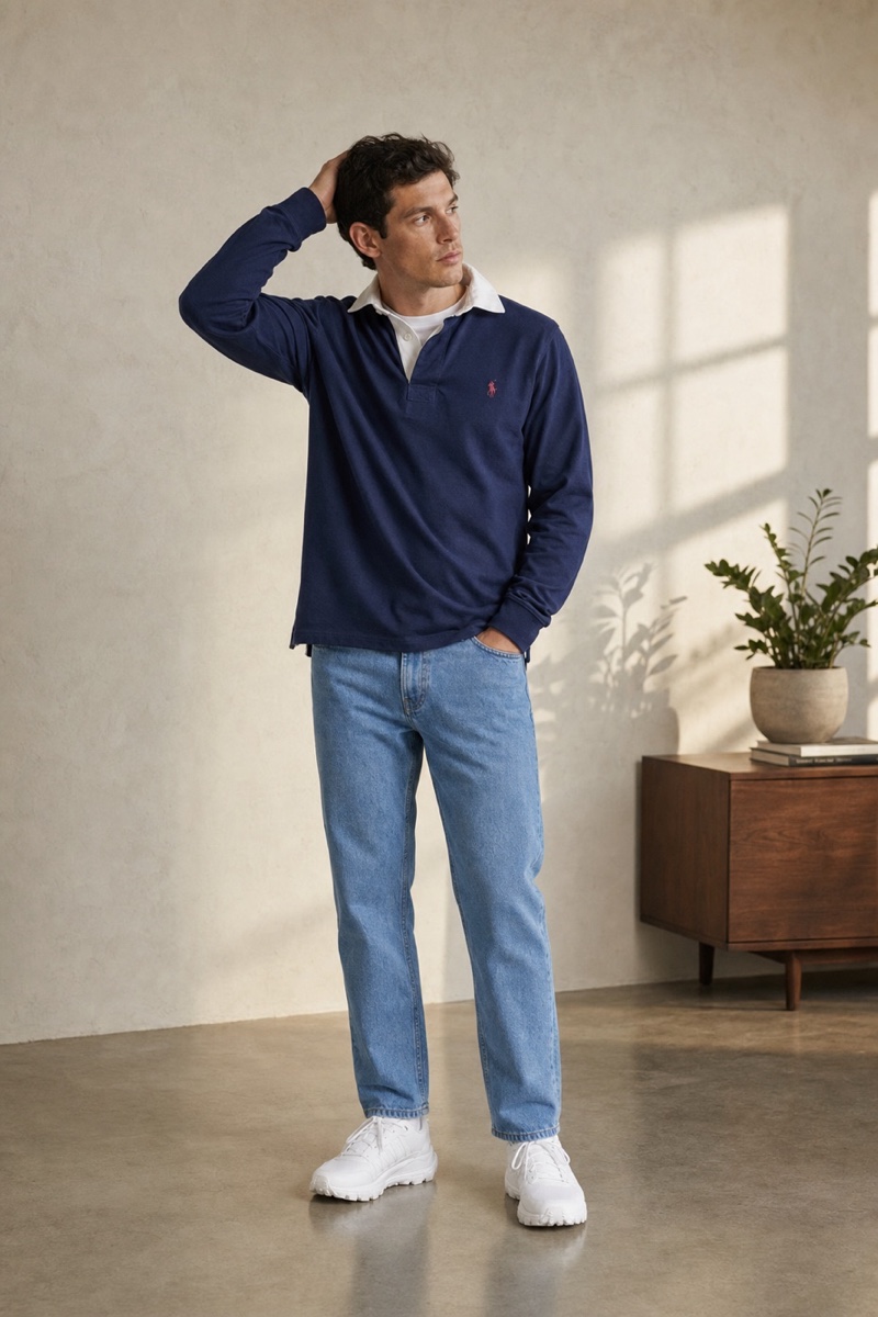 A rendered look: navy rugby shirt with a white collar, light-blue straight jeans and white trail sneakers