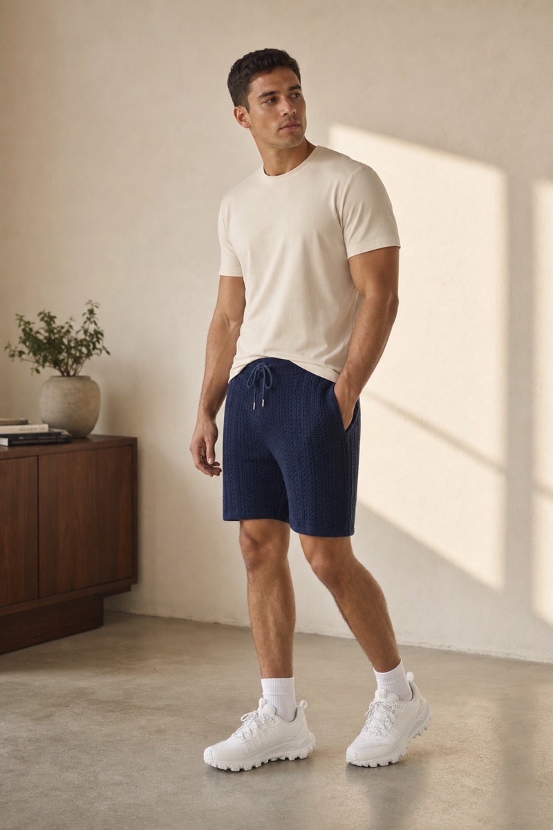 A rendered look: a bone crewneck tee, navy knit drawstring shorts and the same white trail sneakers